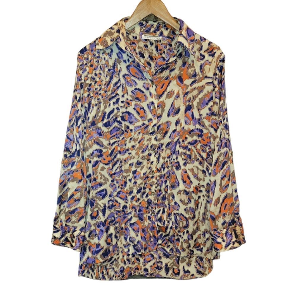 Vintage 80s 90s Mishca Tunic Button up Longsleeve Blouse Abstract Animal Print S